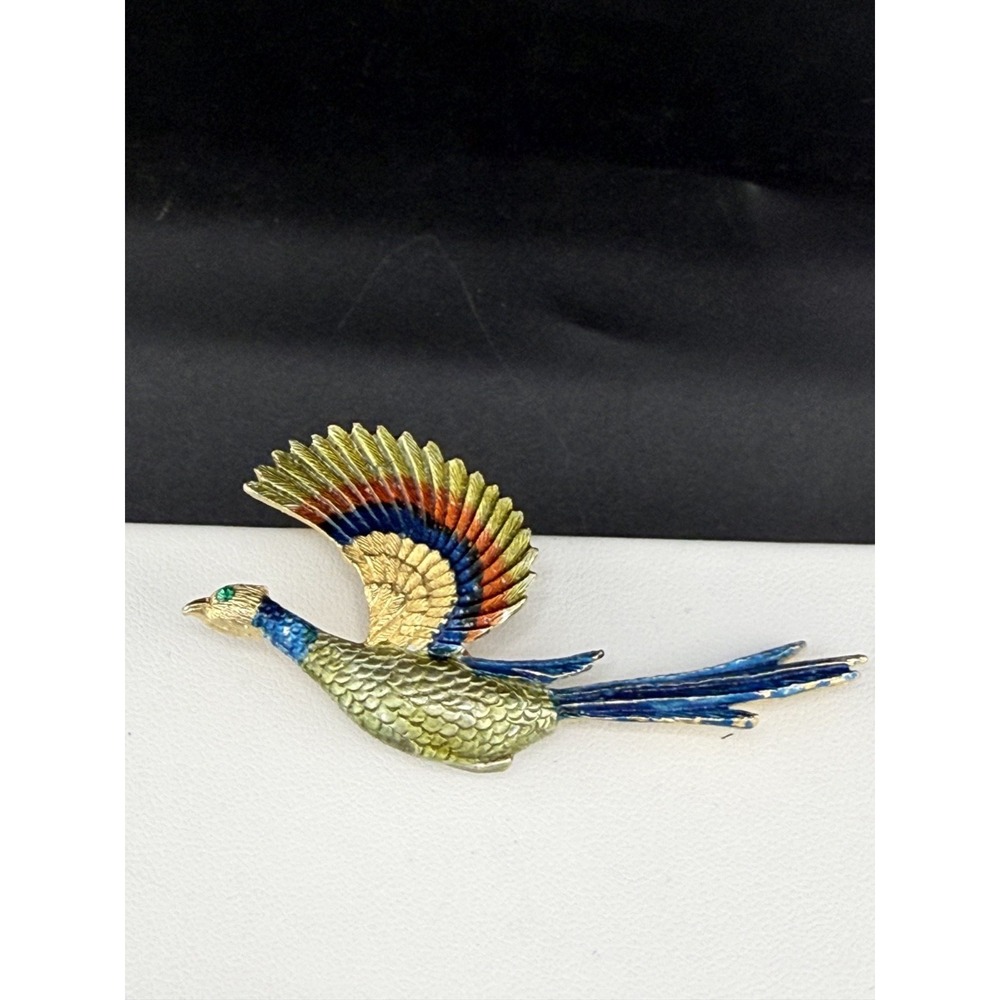 Vintage JJ Brooch Gold Tone Enamel Bird Pheasant